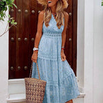 Blue boho maxi dress, sleeveless tiered skirt with lace trim and V-neck