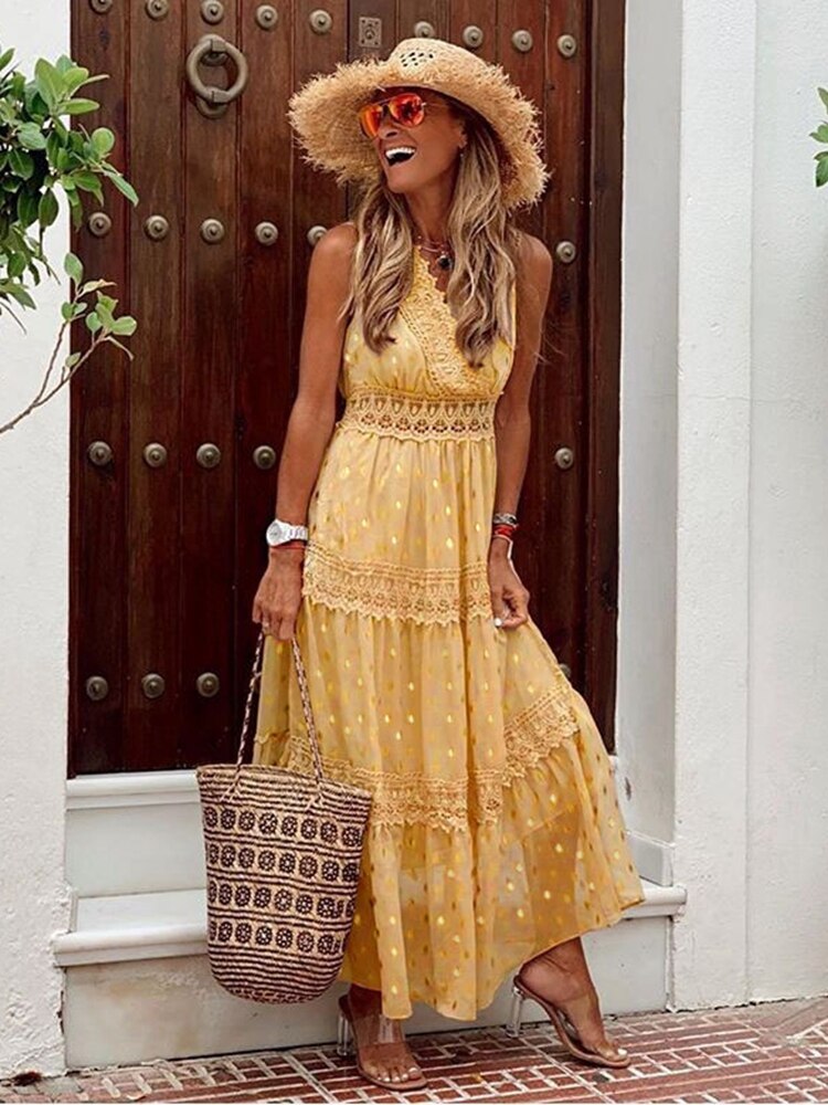 Yellow boho maxi dress, sleeveless tiered skirt with lace trim and V-neck