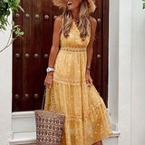 Yellow boho maxi dress, sleeveless tiered skirt with lace trim and V-neck