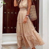 Beige boho maxi dress close-up, lace-trim bodice and tiered tulle skirt