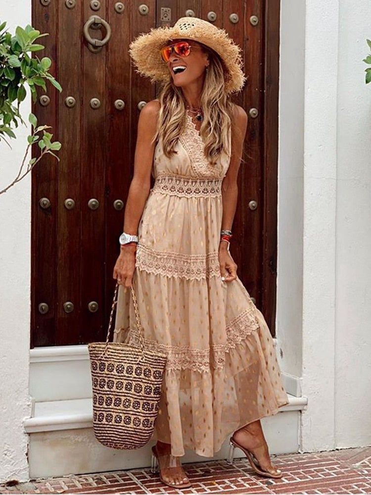 Beige boho maxi dress, sleeveless tiered skirt with lace trim and V-neck