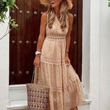 Beige boho maxi dress, sleeveless tiered skirt with lace trim and V-neck