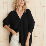 Black knit cardigan with V-neck, button front, long sleeves, relaxed fit