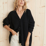 Black knit cardigan with V-neck, button front, long sleeves, relaxed fit