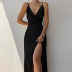 Athena™ black slip dress with spaghetti straps, deep V-neck, and side slit