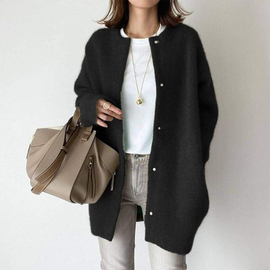 Black button-front knit cardigan with long sleeves and side pockets
