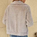 Womens textured knit zip cardigan jacket, light taupe, back view with long sleeves