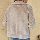 Womens textured knit zip cardigan jacket, light taupe, back view with long sleeves
