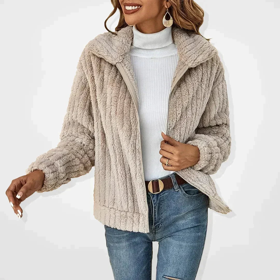 Womens casual textured knit zip cardigan jacket, light taupe color, long sleeves