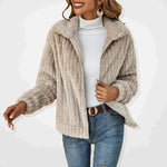 Womens casual textured knit zip cardigan jacket, light taupe color, long sleeves