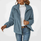 Womens casual textured knit zip cardigan jacket, dusty blue color, long sleeves