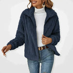 Womens casual textured knit zip cardigan jacket, dark navy color, long sleeves