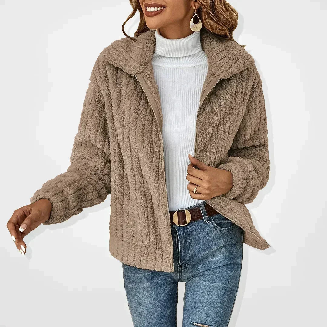 Womens casual textured knit zip cardigan jacket, light taupe color, hoodless stand collar