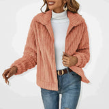 Womens casual textured knit zip cardigan jacket, apricot rose color, long sleeves