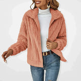 Rose pink textured long-sleeve cardigan with zip-front and stand collar