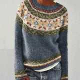 Blue-gray retro pullover sweater with multicolor fairisle yoke stripe accents