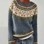 Retro pullover sweater in blue-gray with multicolor patterned band and ribbed cuffs