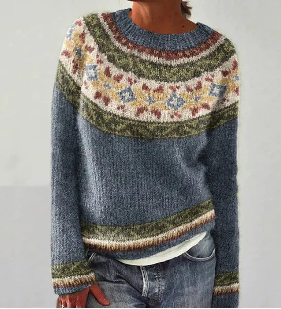 Retro pullover in dark gray-blue knit with multicolor yoke stripe pattern