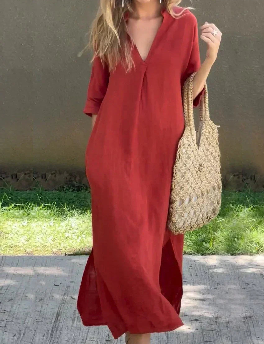 Red casual shirt dress, V-neck with short sleeves and front buttons, side slits