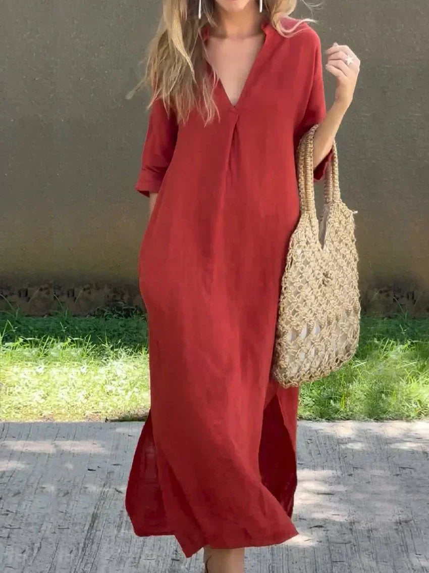 Red casual shirt dress, V-neck with short sleeves and front buttons, side slits