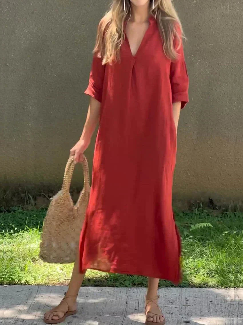 Red casual shirt dress with V-neck, elbow-length sleeves, relaxed fit, side slit