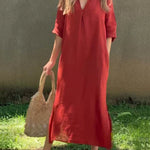 Red casual shirt dress with V-neck, elbow-length sleeves, relaxed fit, side slit
