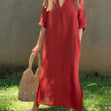 Red casual shirt dress with V-neck, elbow-length sleeves, relaxed fit, side slit