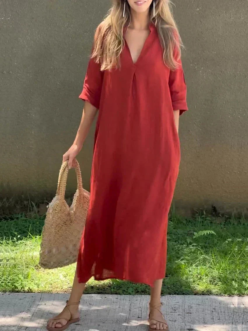 Red casual shirt dress, V-neck and half sleeves, loose midi length with side slit