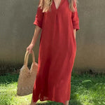 Red casual shirt dress, V-neck and half sleeves, loose midi length with side slit