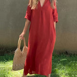 Red casual shirt dress, V-neck and half sleeves, loose midi length with side slit