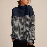 Navy and black-and-cream chevron turtleneck sweater with wide front panel