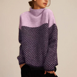 Lilac and black-and-cream chevron turtleneck sweater with wide knit yoke