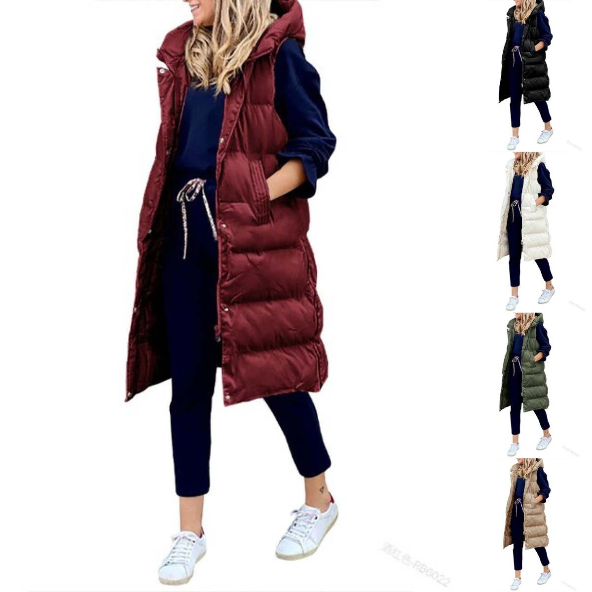 Long quilted body warmer vest, button-front, multiple color options shown