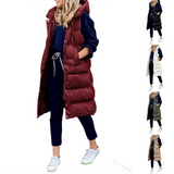 Long quilted body warmer vest, button-front, multiple color options shown