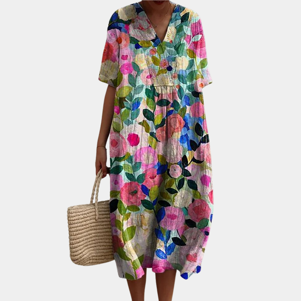 Multicolor floral midi dress, V-neck with gathered waist and short sleeves