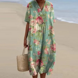 Mint green floral midi dress with V-neck and short sleeves, gathered waist and loose fit