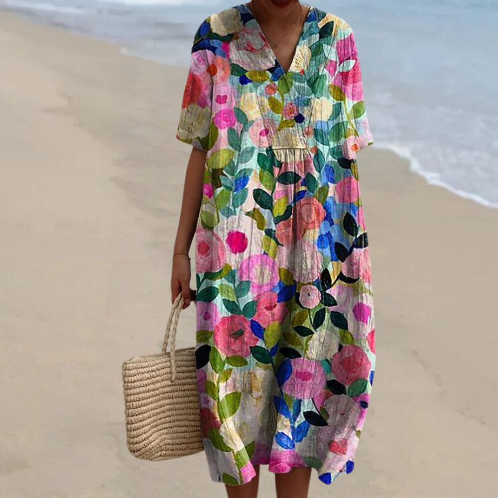 Floral midi dress with V-neck and short sleeves, multicolor print and gathered waist