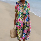 Floral midi dress with V-neck and short sleeves, multicolor print and gathered waist