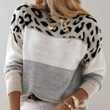 Leopard-print pullover sweater, white and gray panel with ribbed cuffs