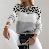 Leopard-print pullover sweater, white and gray colorblock with long sleeves