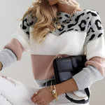 Leopard-print pullover sweater, white with gray stripe and black leopard print