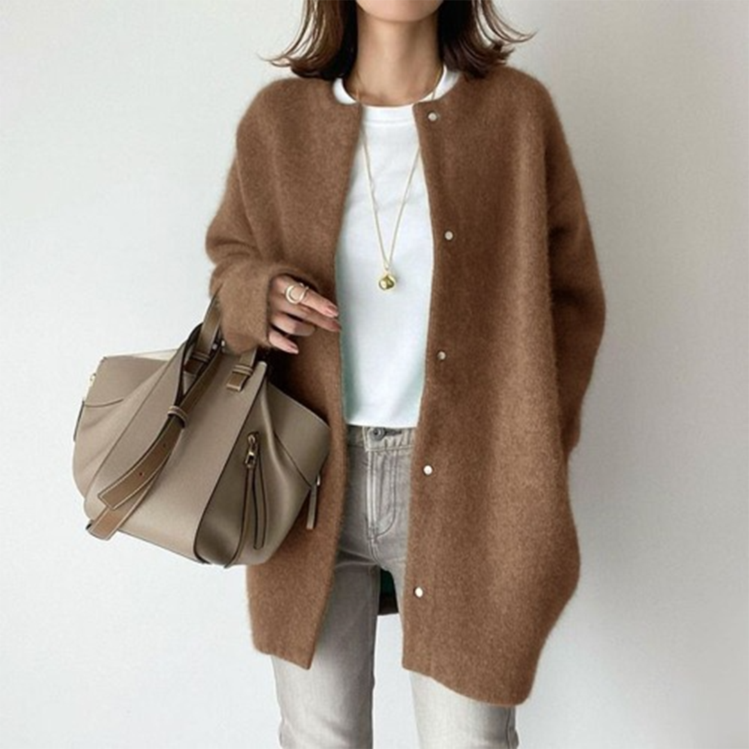 Caramel button-front knit cardigan with long sleeves and side pockets