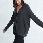 Cozy knit button-front cardigan in dark charcoal with V-neck and long sleeves
