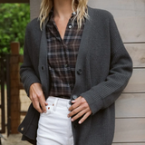 Cozy knit button-front cardigan in dark charcoal gray with V-neck and long sleeves