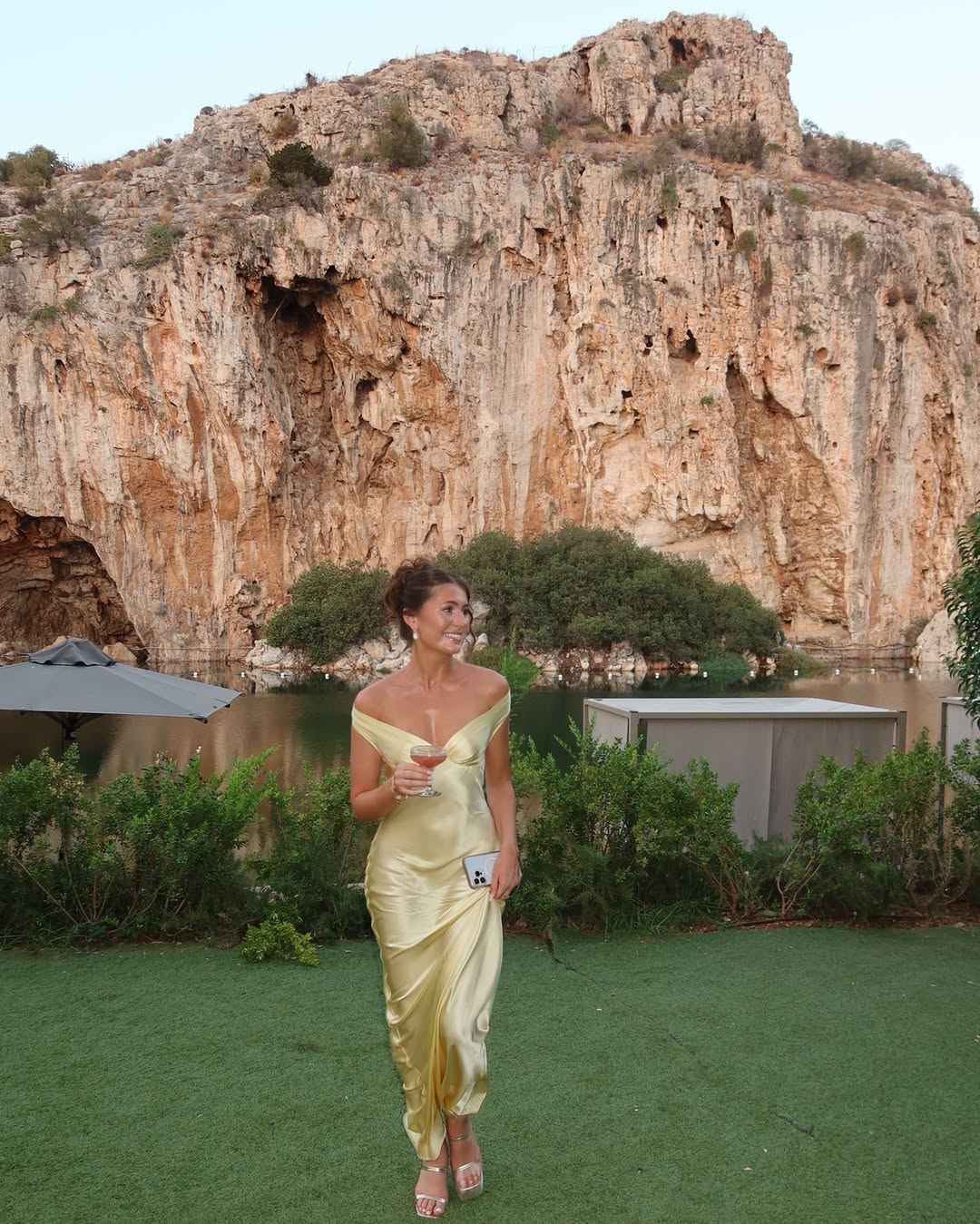 Light gold strapless satin evening dress with sweetheart neckline and long column hem