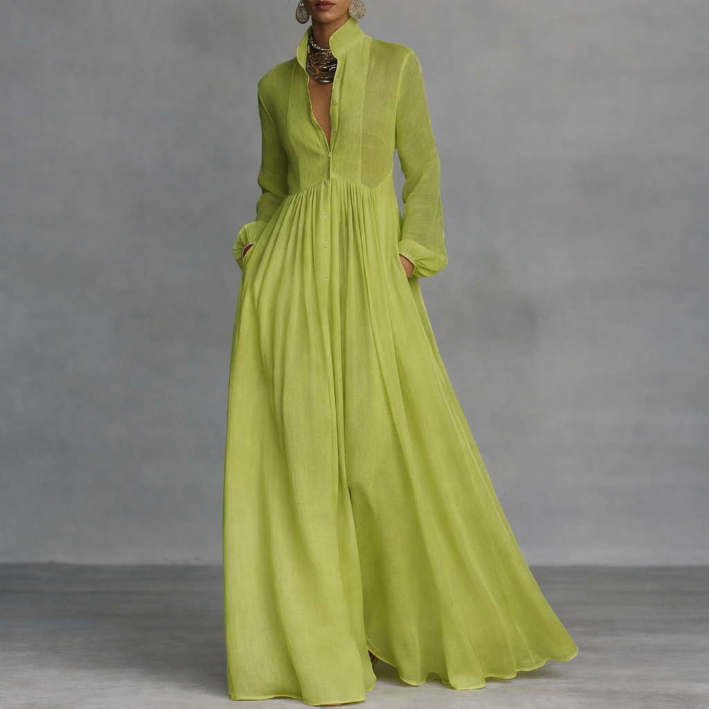 Elowira elegant maxi dress in light lime green, long sleeves, V-neck, gathered waist