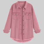 Pink denim-style button-up jacket with flap chest pockets and frayed hem