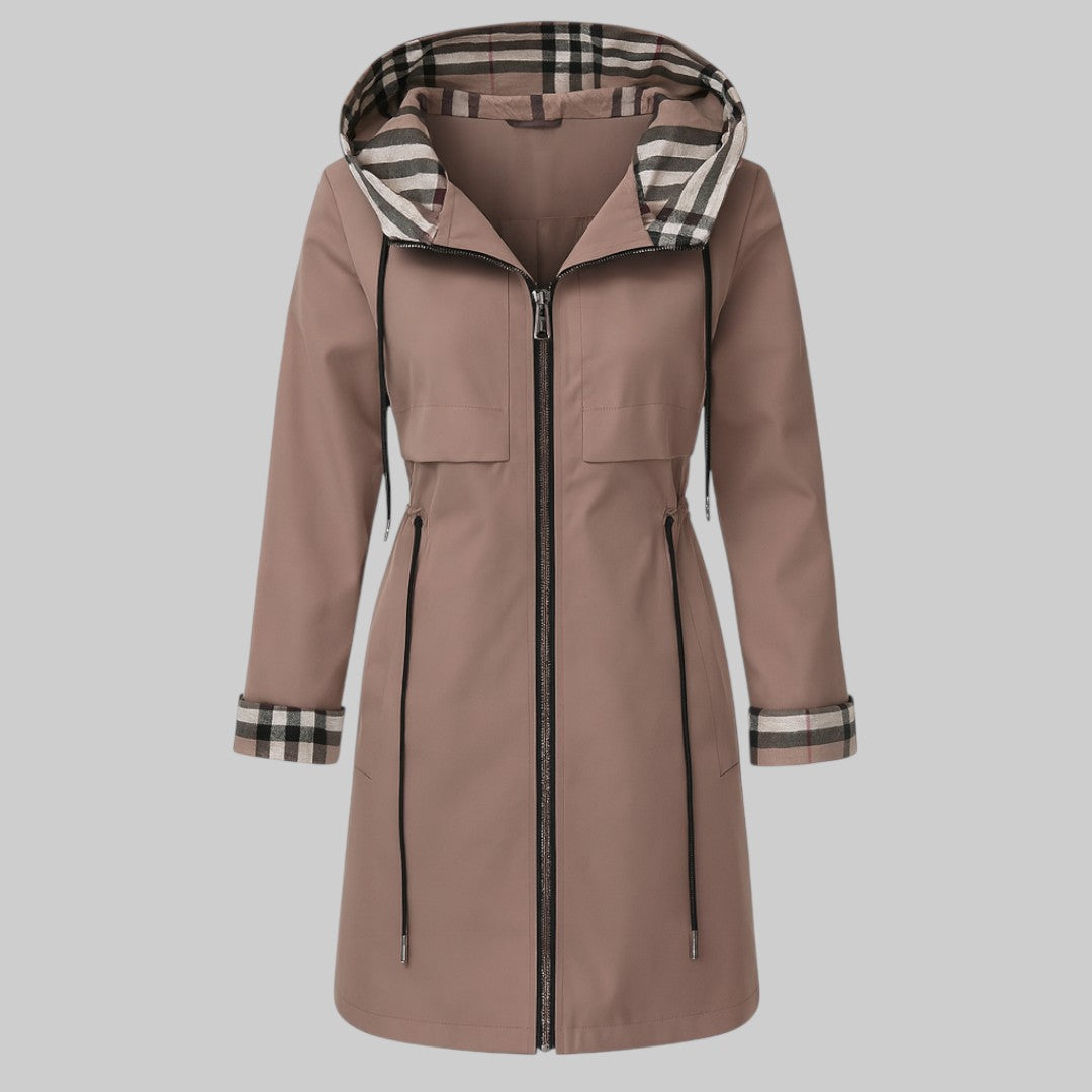 Hooded zip-up coat with plaid-lined hood and cuffs, flap pockets, taupe-brown.