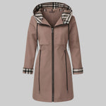 Hooded zip-up coat with plaid-lined hood and cuffs, flap pockets, taupe-brown.