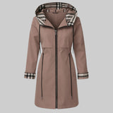 Hooded zip-up coat with plaid-lined hood and cuffs, flap pockets, taupe-brown.